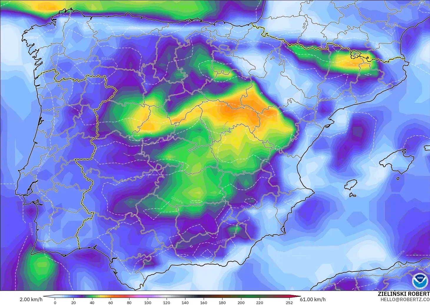 GFS modelo - España, Ráfagas de viento