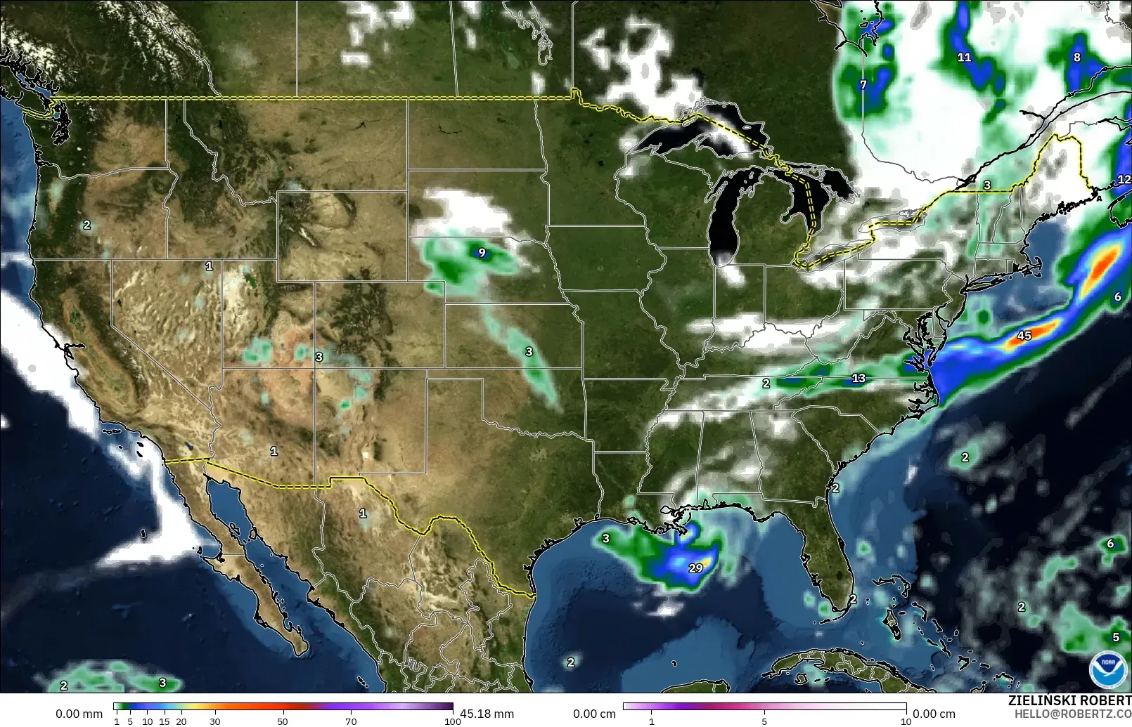 GFS modelo - Estados Unidos, Precipitación, nubes y presión