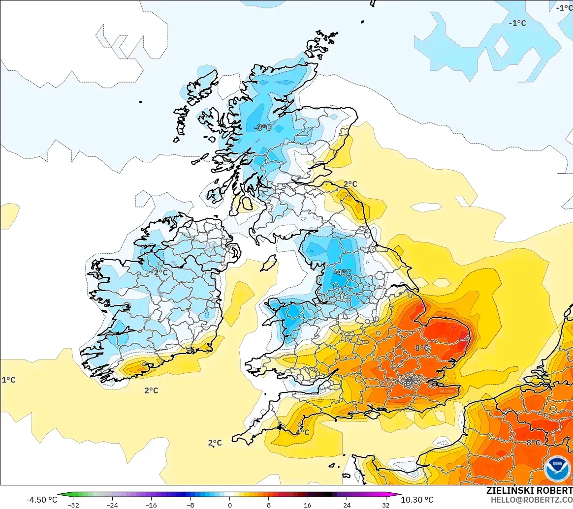 GFS modelo - Reino Unido, Anomalía de temperatura a 2 m