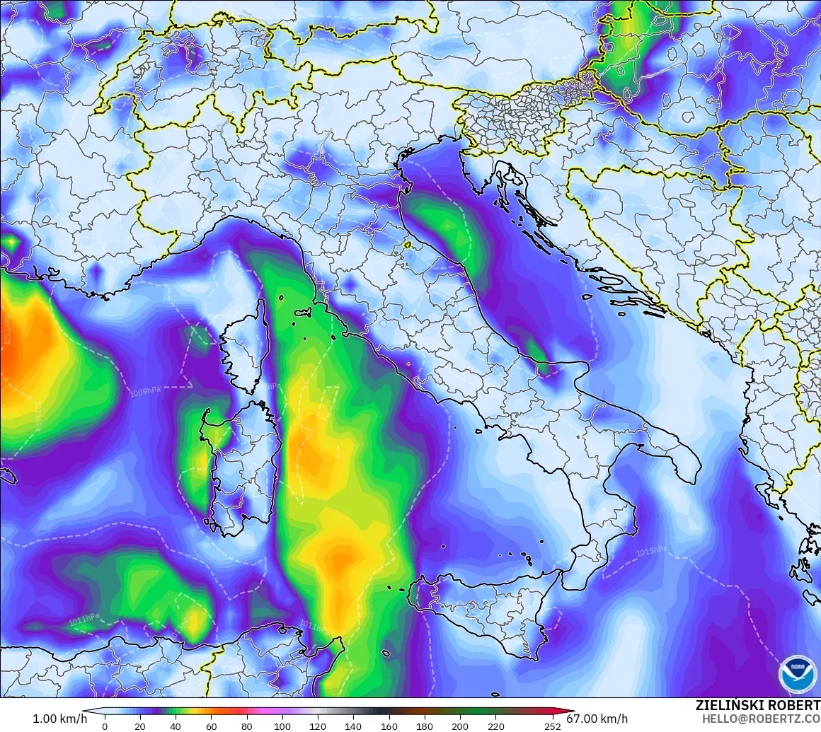 GFS modelo - Italia, Ráfagas de viento
