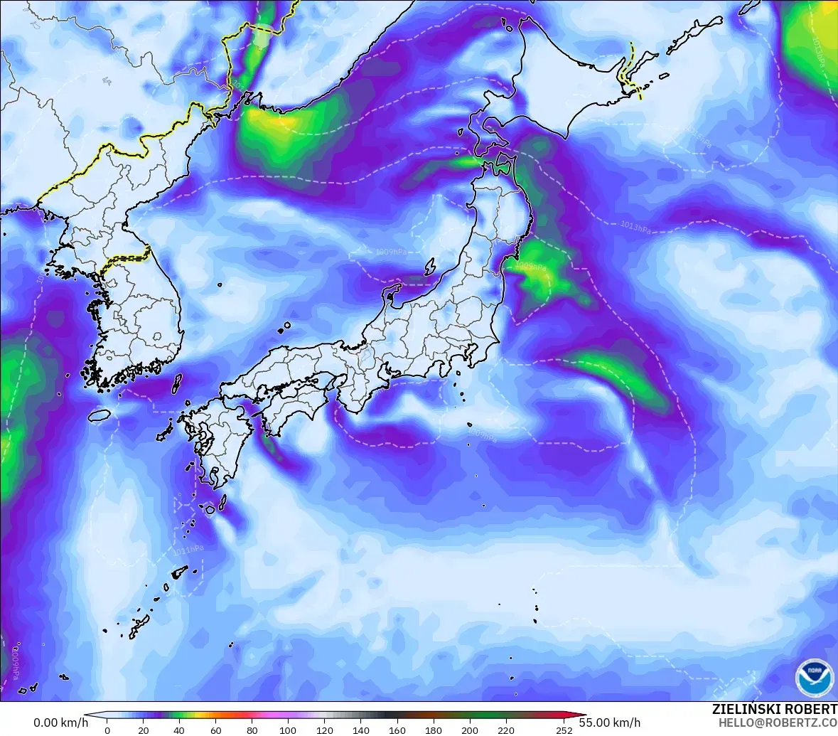 GFS modelo - Japón, Ráfagas de viento
