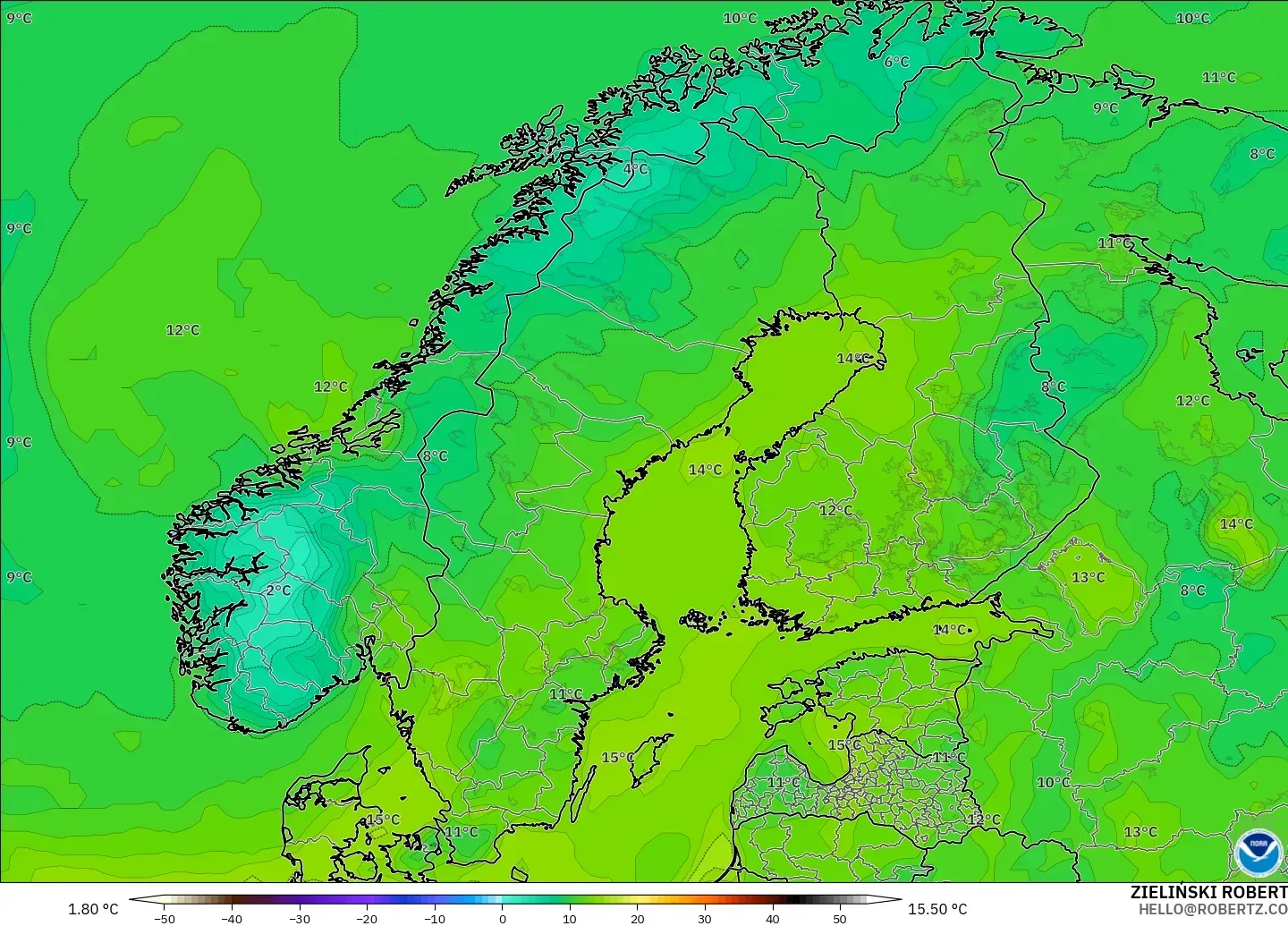 GFS modelo - Escandinavia, Punto de rocío a 2 m