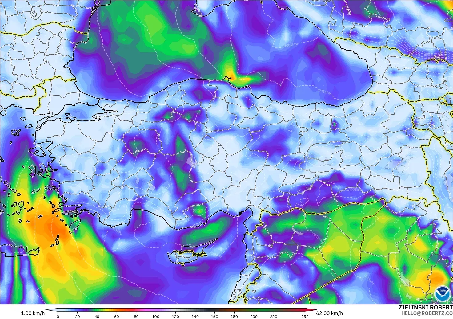 GFS modelo - Turquía, Ráfagas de viento