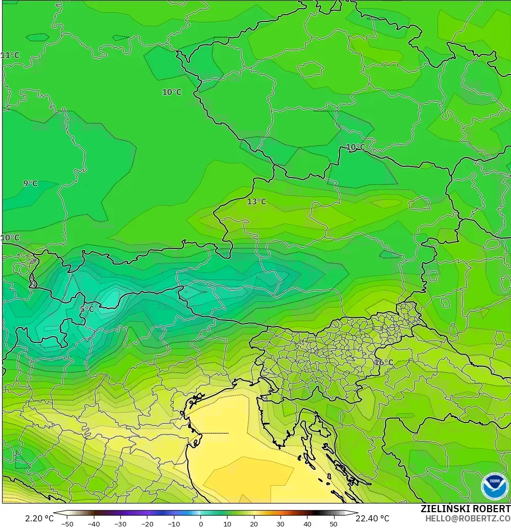 GFS modelo - Austria, Punto de rocío a 2 m