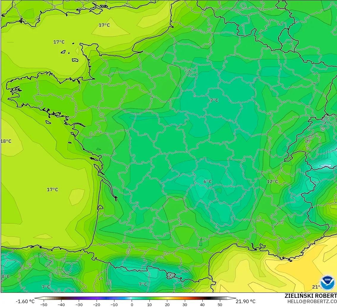 GFS modelo - Francia, Punto de rocío a 2 m