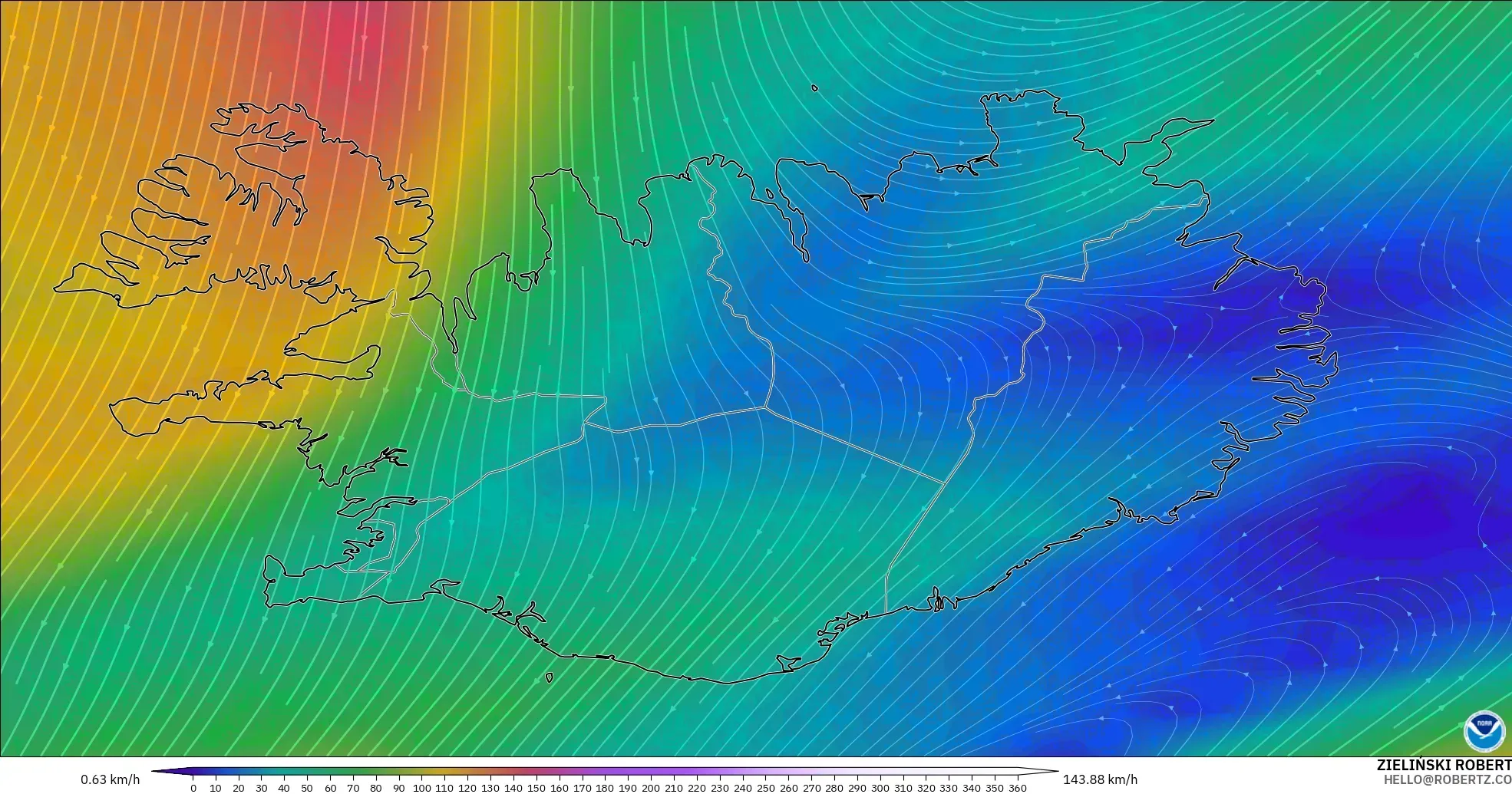 GFS modelo - Islandia, Viento a 300 hPa (corriente en chorro)