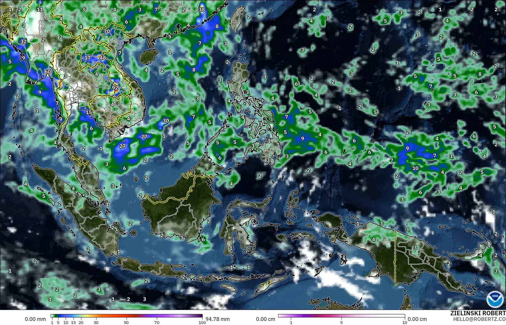 GFS modelo - Sudeste Asiático, Precipitación, nubes y presión
