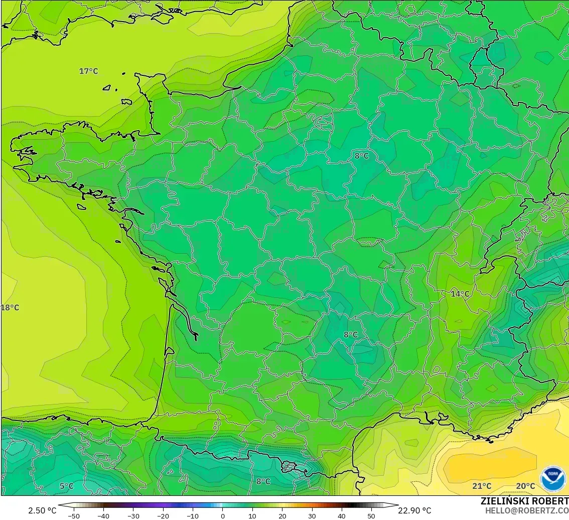 GFS modelo - Francia, Punto de rocío a 2 m