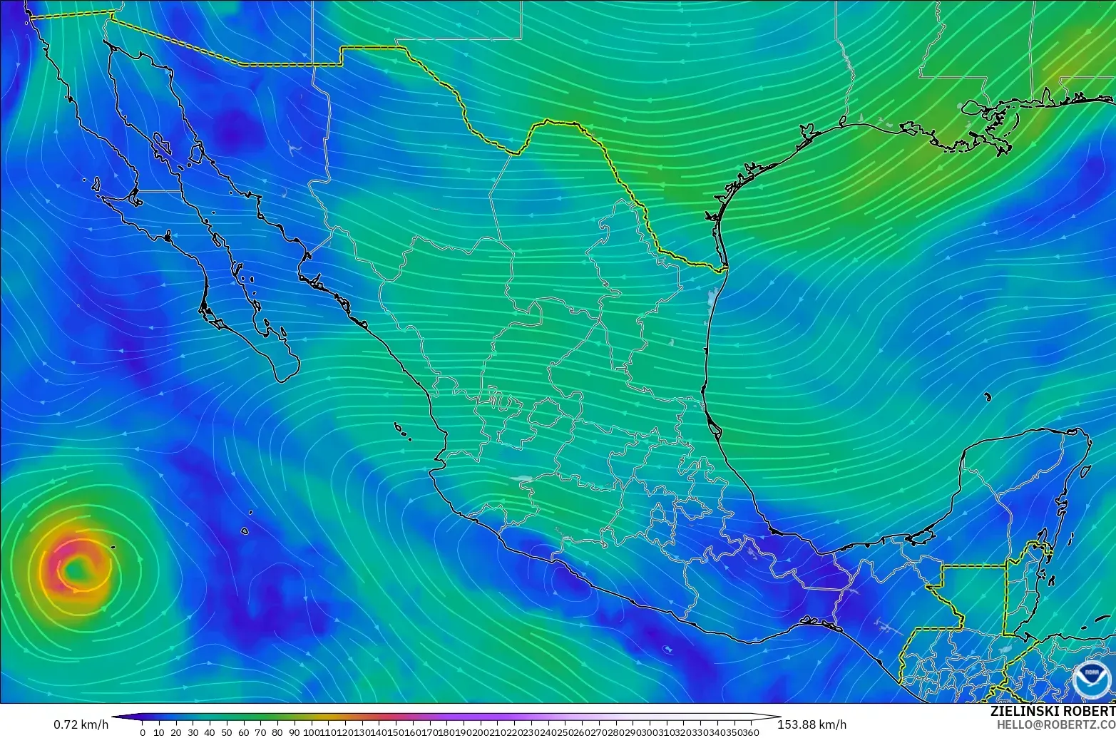 GFS modelo - México, Viento a 300 hPa (corriente en chorro)