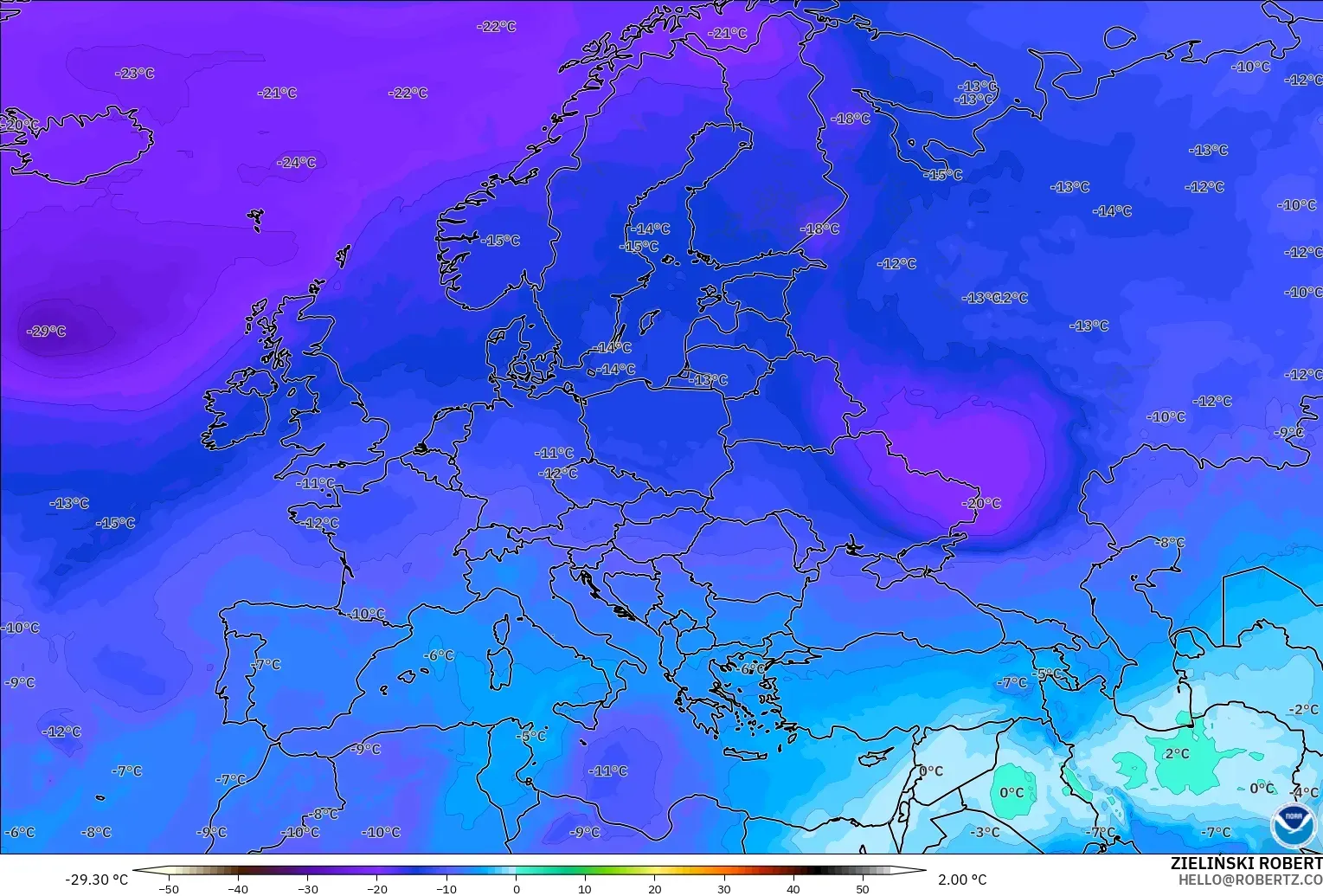 GFS modelo - Europa, Temperatura a 500 hPa