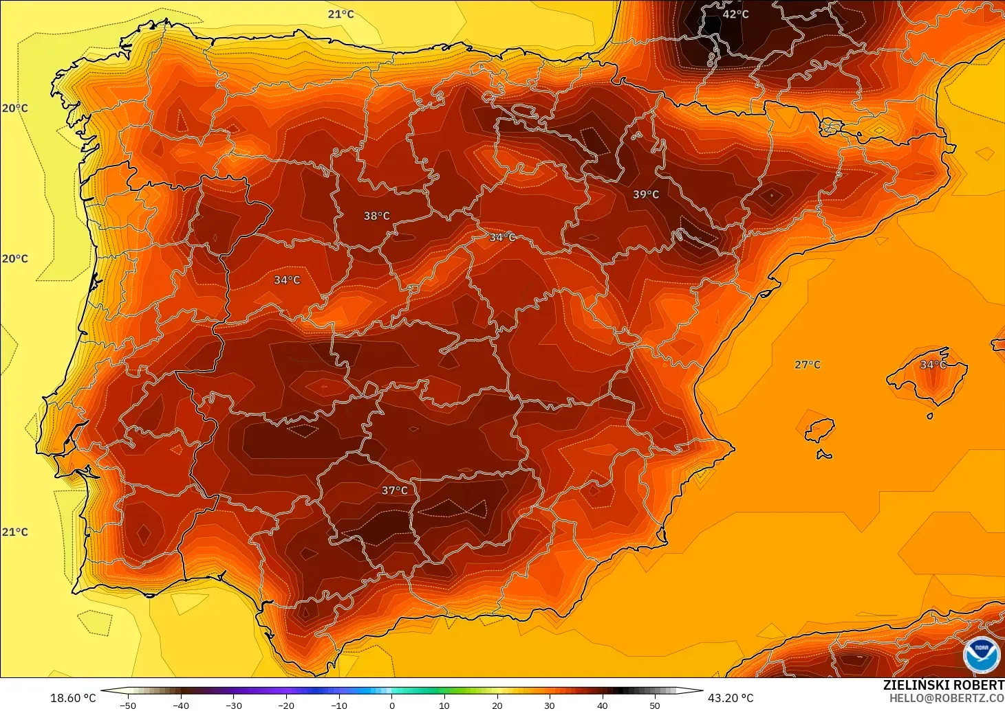 GFS modelo - España, Temperatura a 2 m