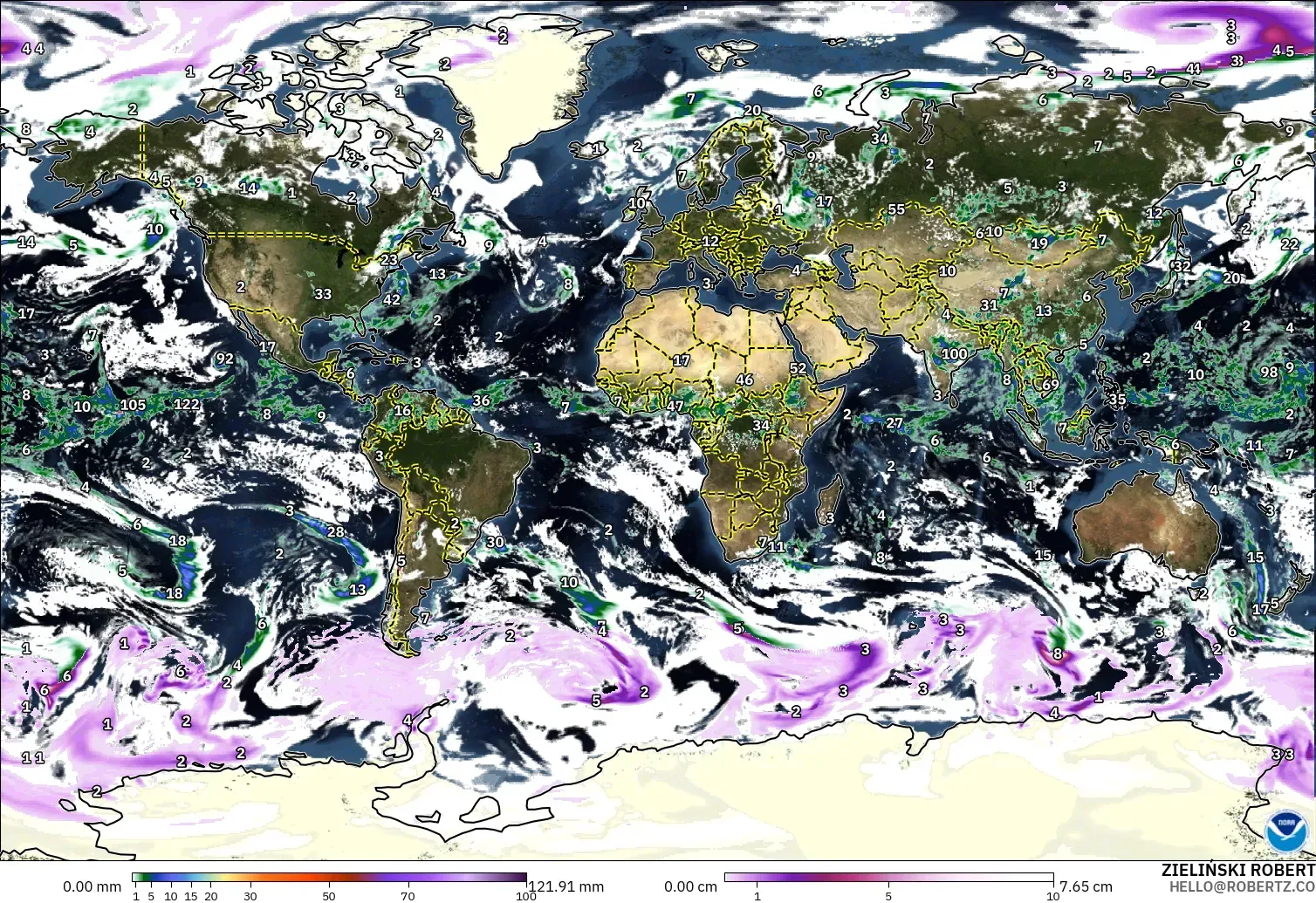 GFS modelo - Mundo, Precipitación, nubes y presión