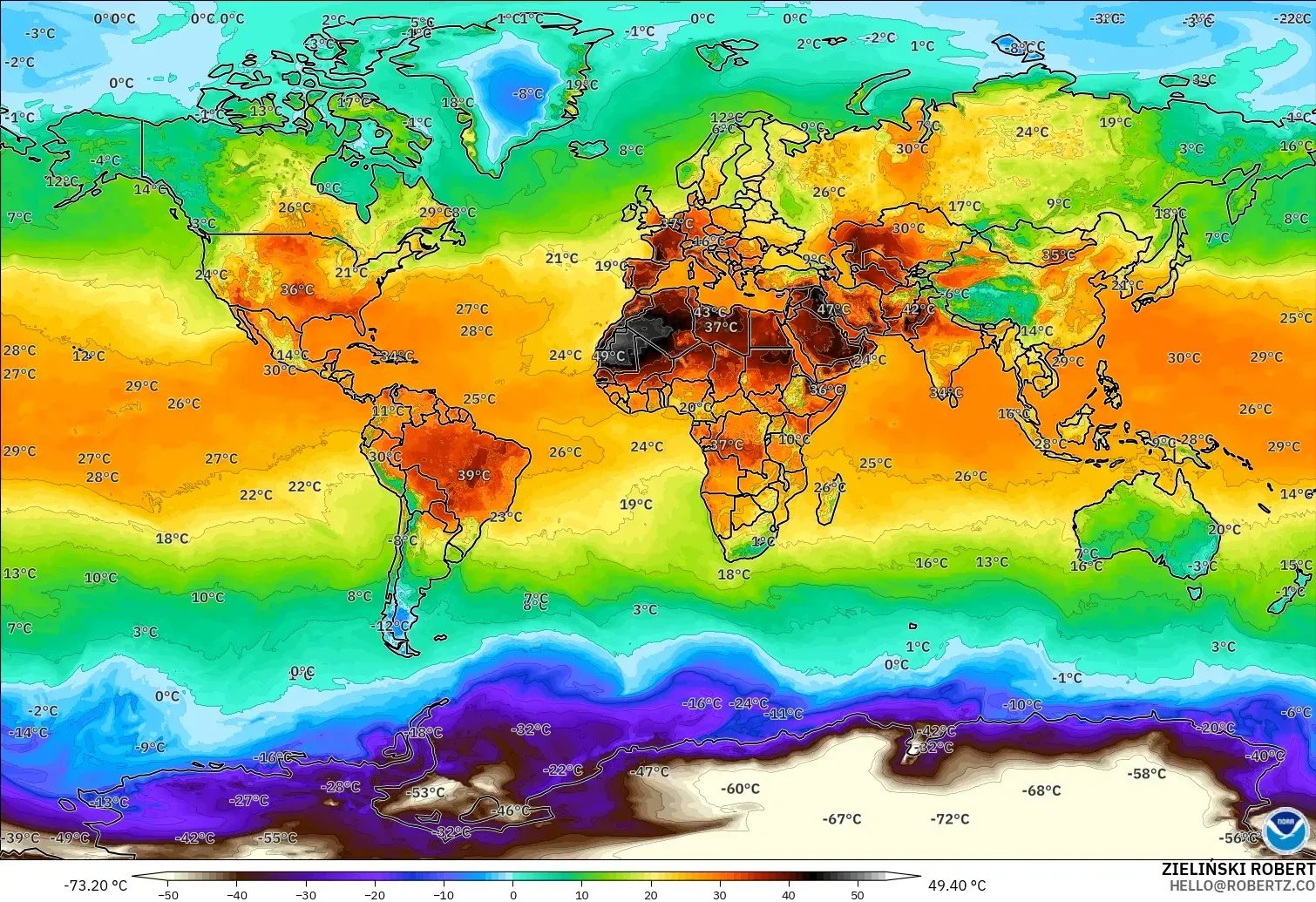 GFS modelo - Mundo, Temperatura a 2 m
