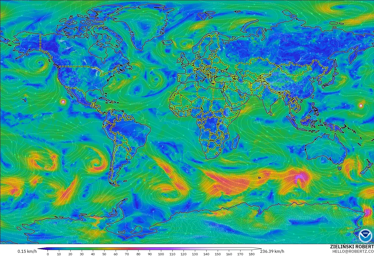 GFS modelo - Mundo, Viento a 10 m