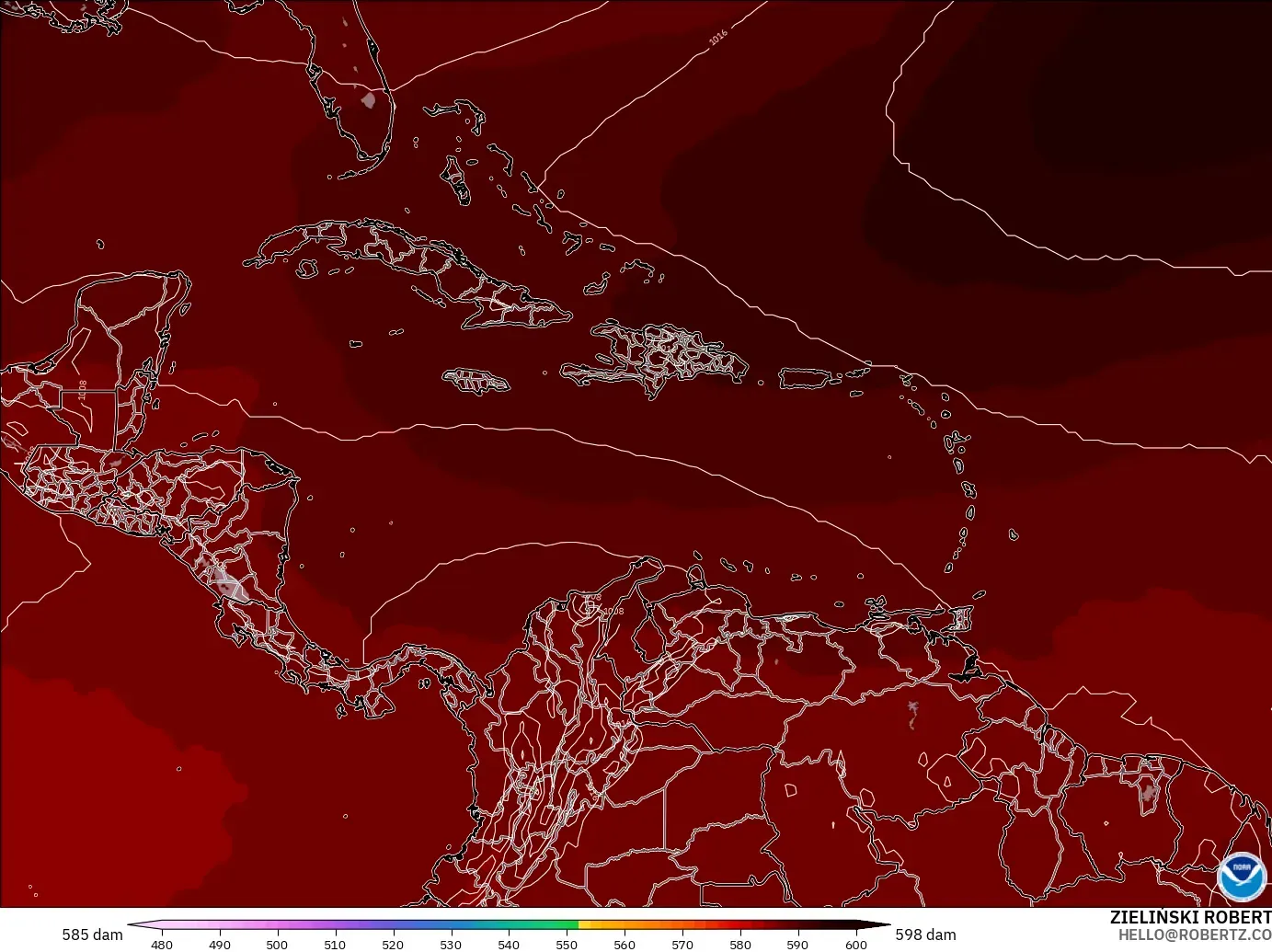 GFS modelo - Caribe, Altura geopotencial a 500 hPa