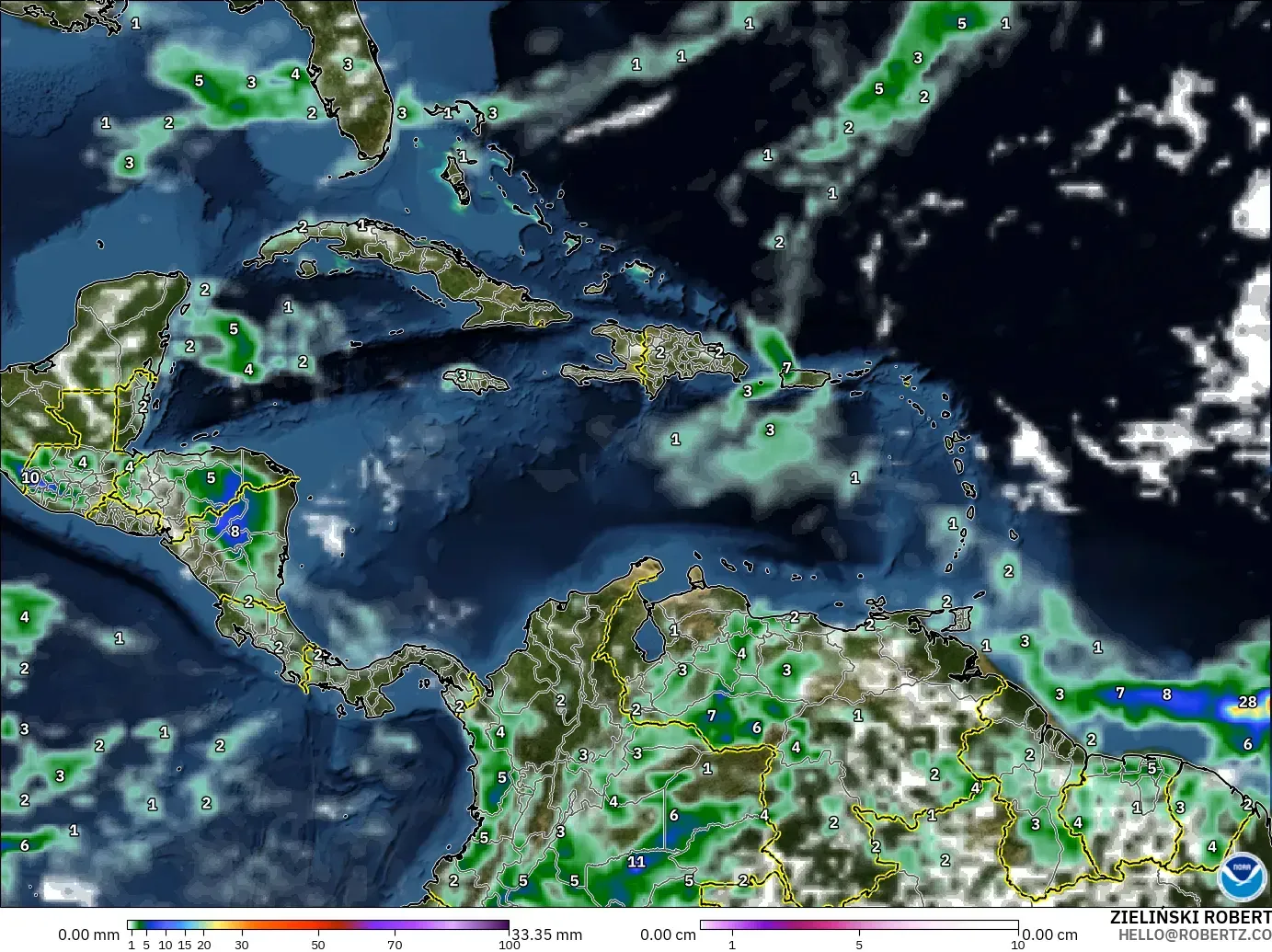 GFS modelo - Caribe, Precipitación, nubes y presión