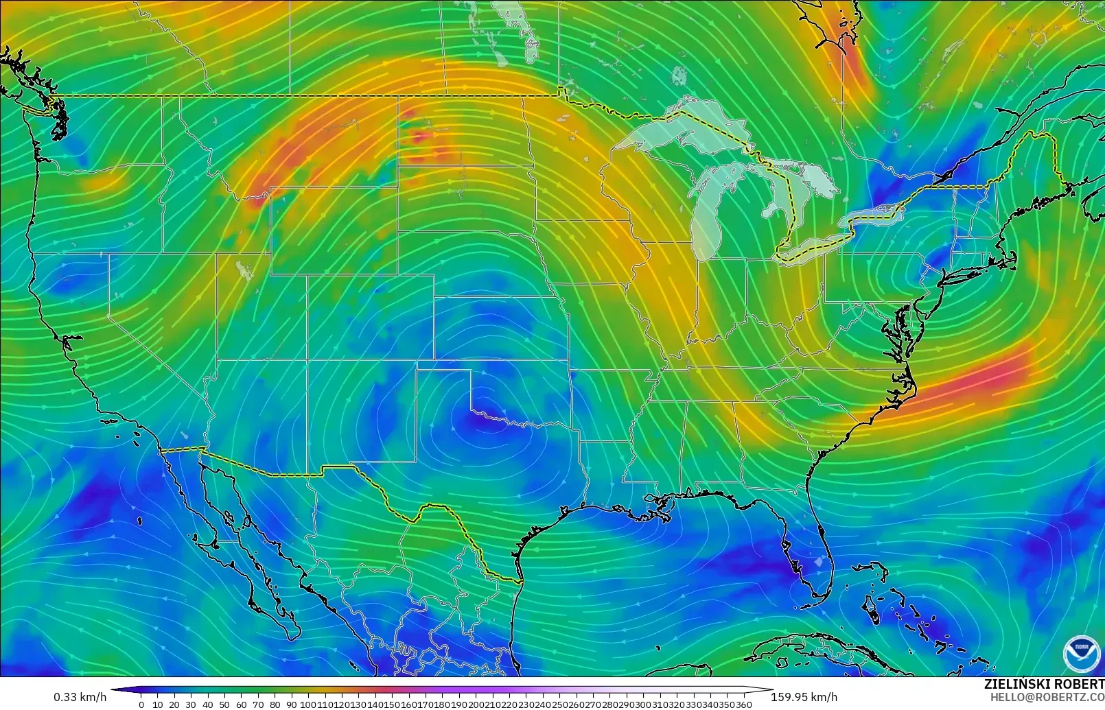 GFS modelo - Estados Unidos, Viento a 300 hPa (corriente en chorro)