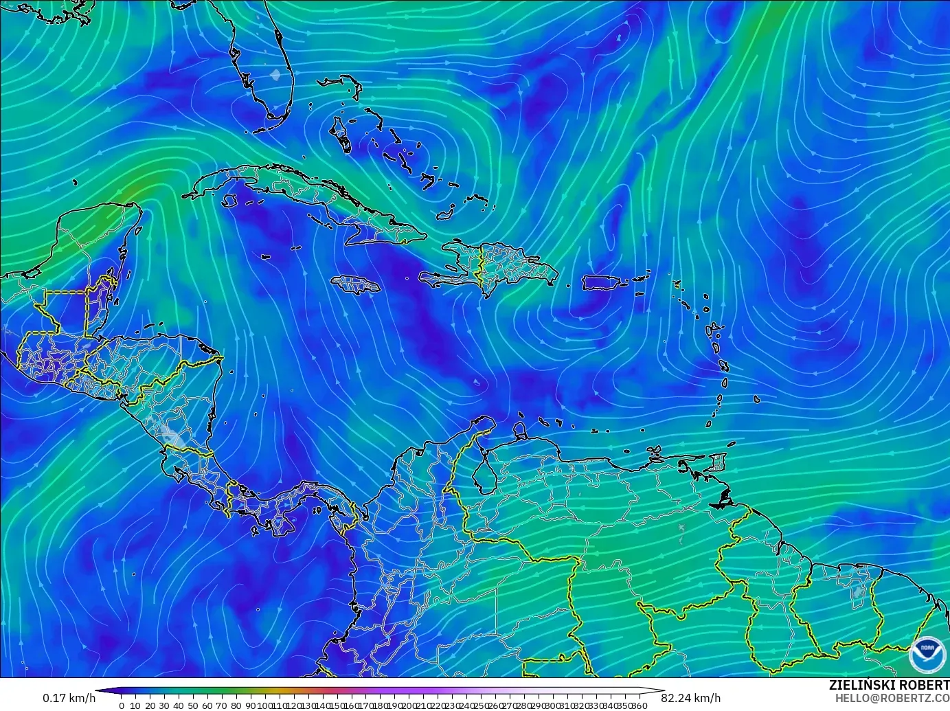 GFS modelo - Caribe, Viento a 300 hPa (corriente en chorro)