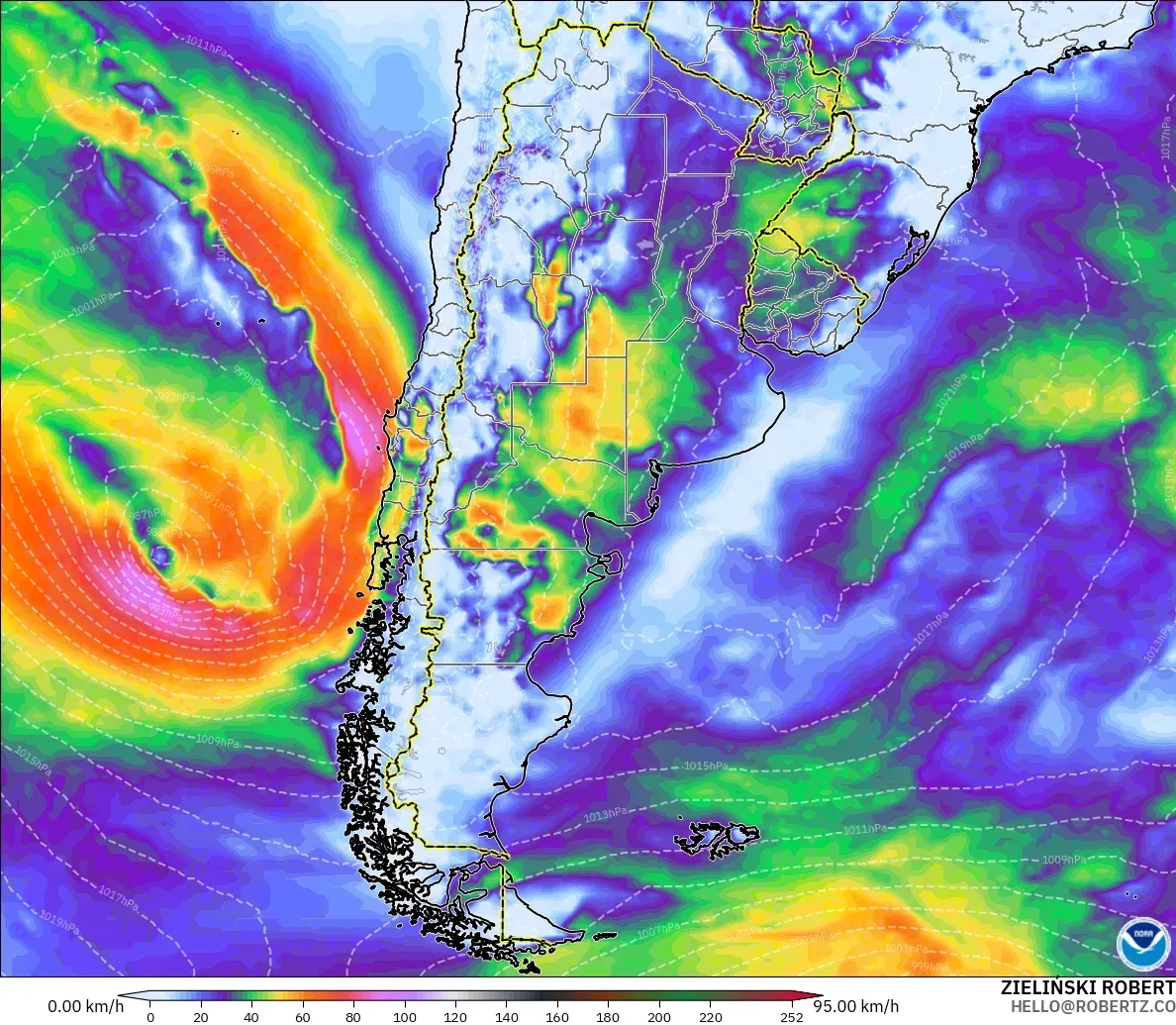 GFS modelo - Argentina, Ráfagas de viento