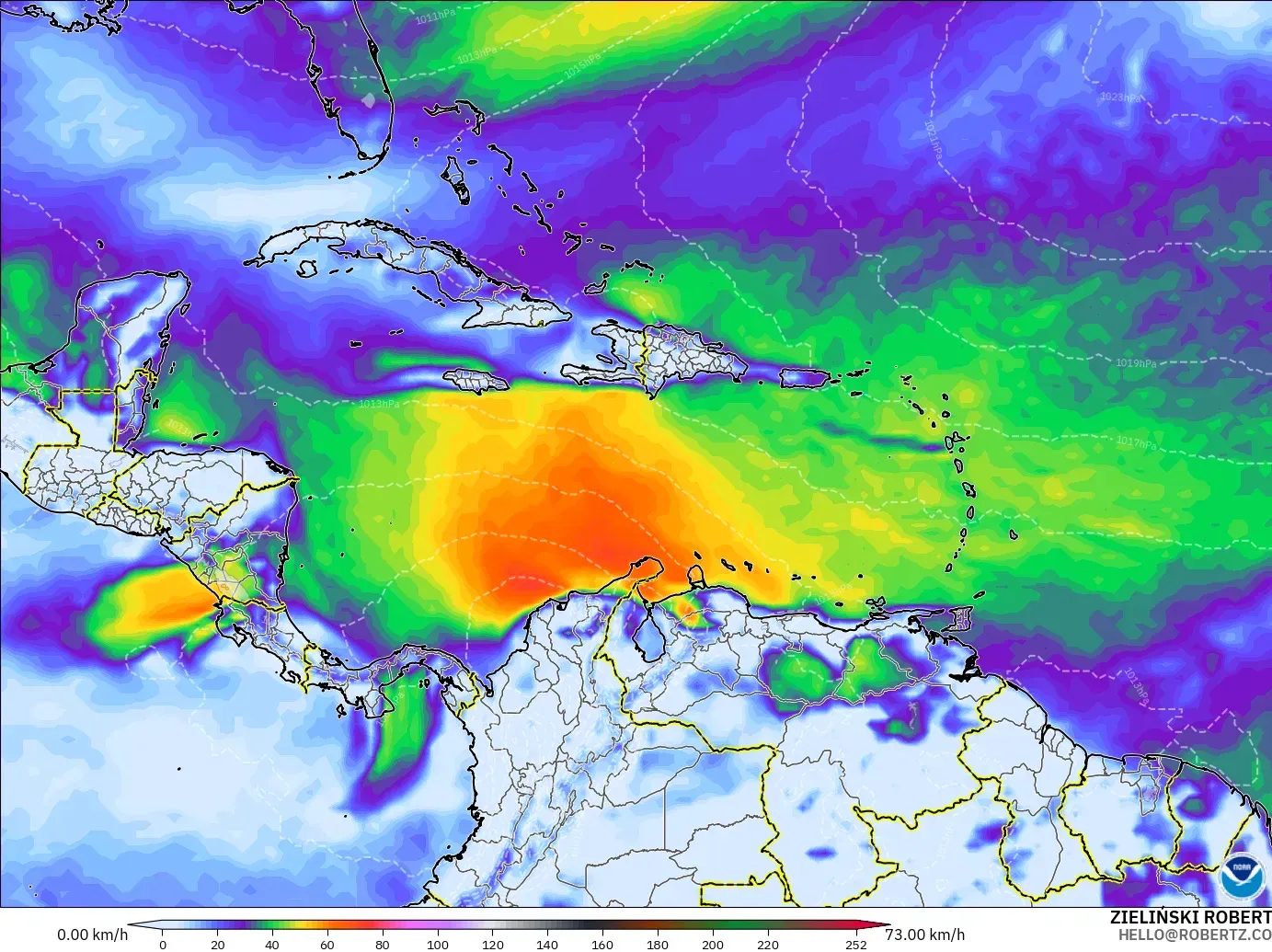 GFS modelo - Caribe, Ráfagas de viento