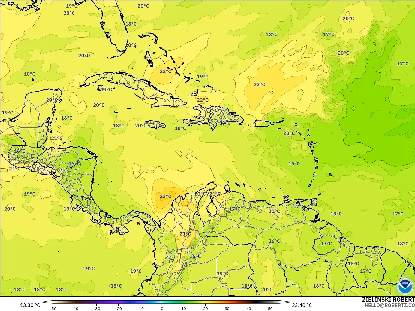 GFS modelo - Caribe, Temperatura a 850 hPa