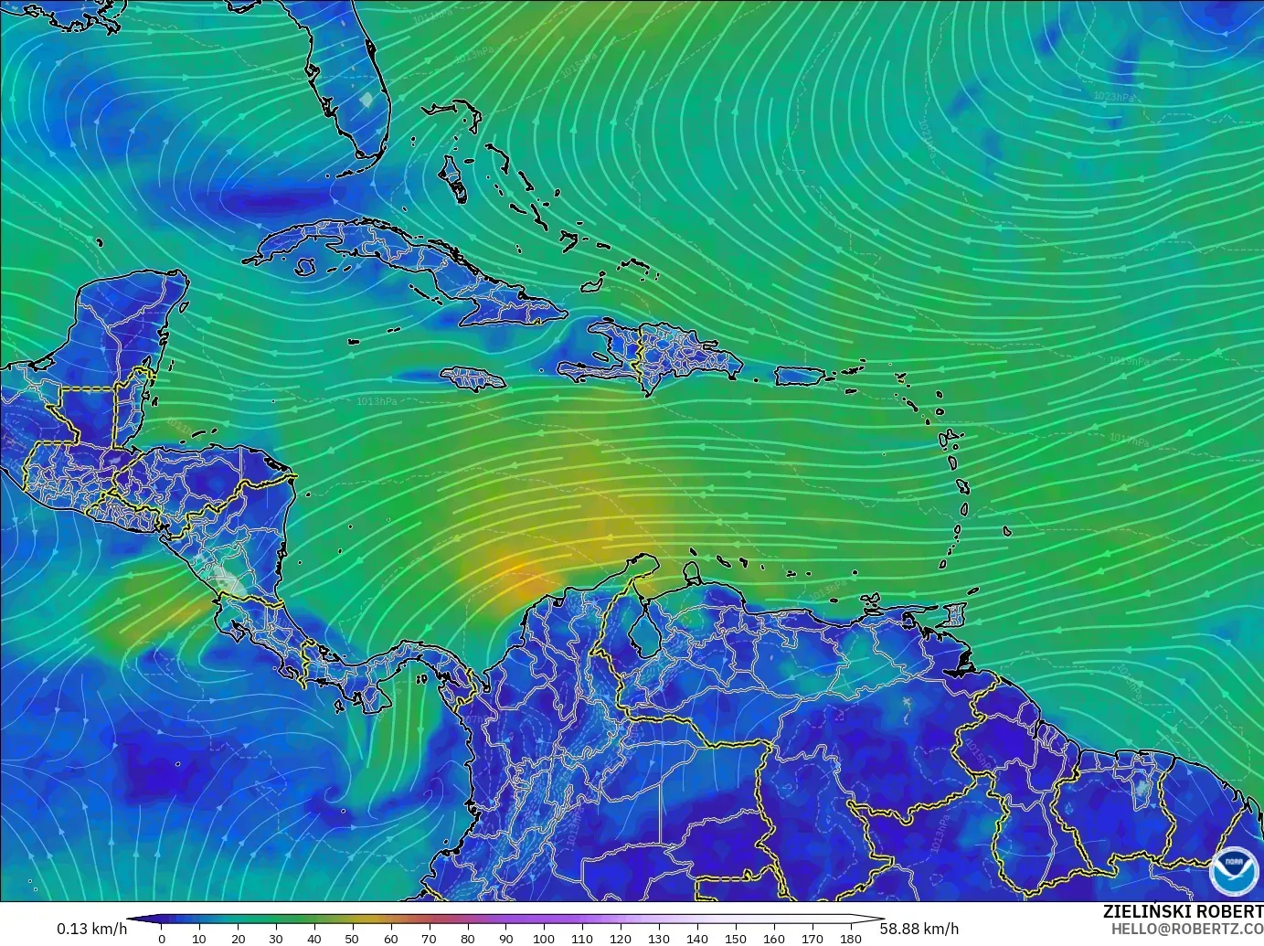 GFS modelo - Caribe, Viento a 10 m
