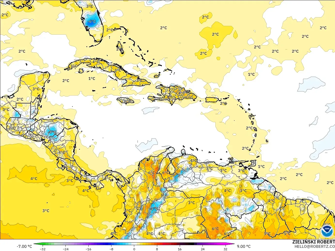 GFS modelo - Caribe, Anomalía de temperatura a 2 m
