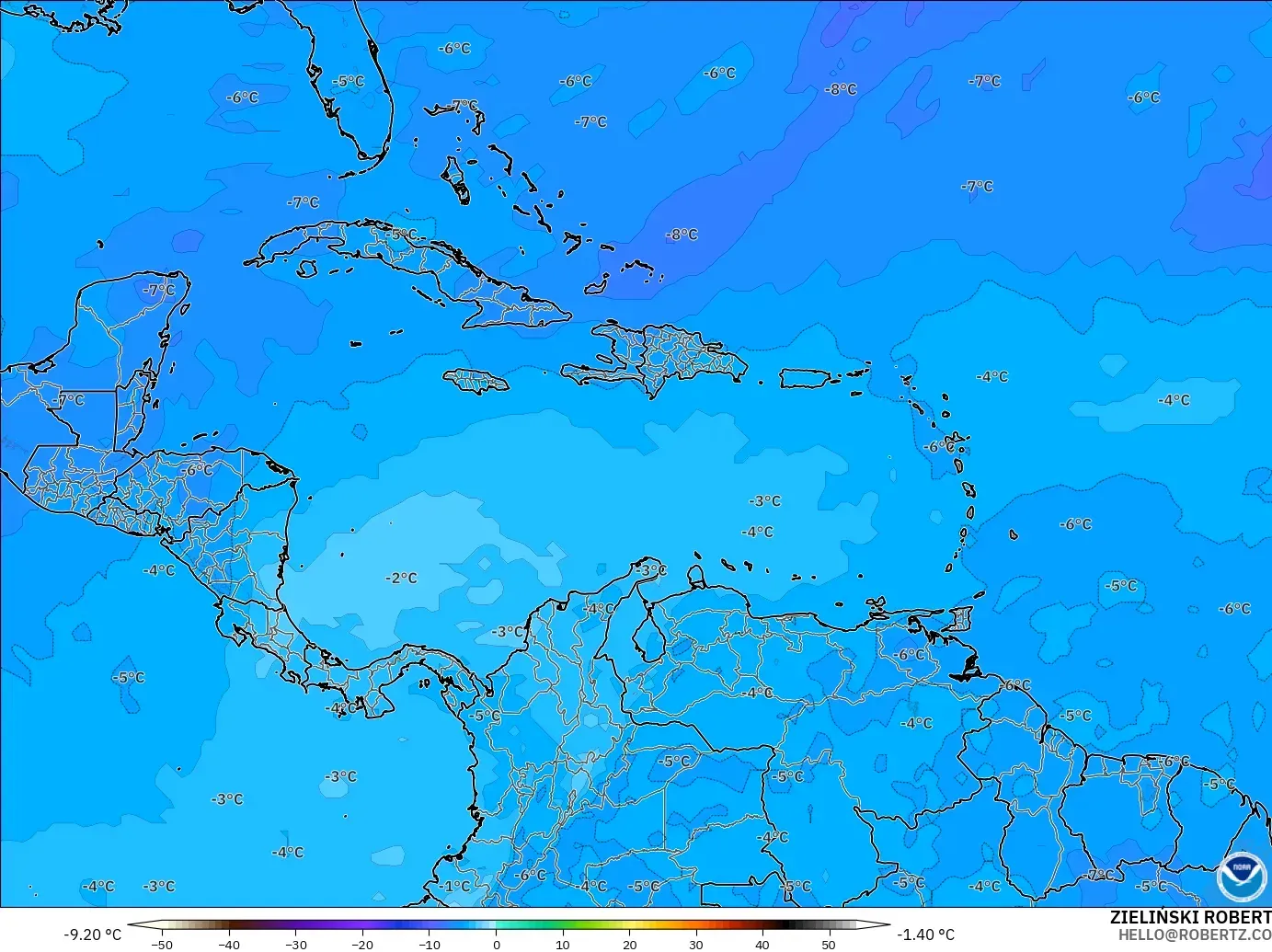 GFS modelo - Caribe, Temperatura a 500 hPa