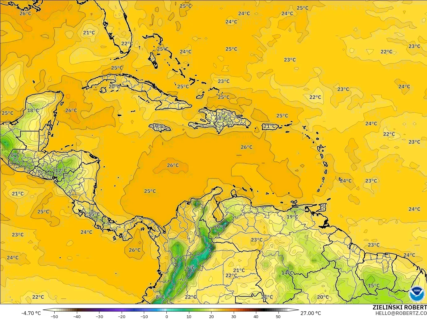 GFS modelo - Caribe, Punto de rocío a 2 m