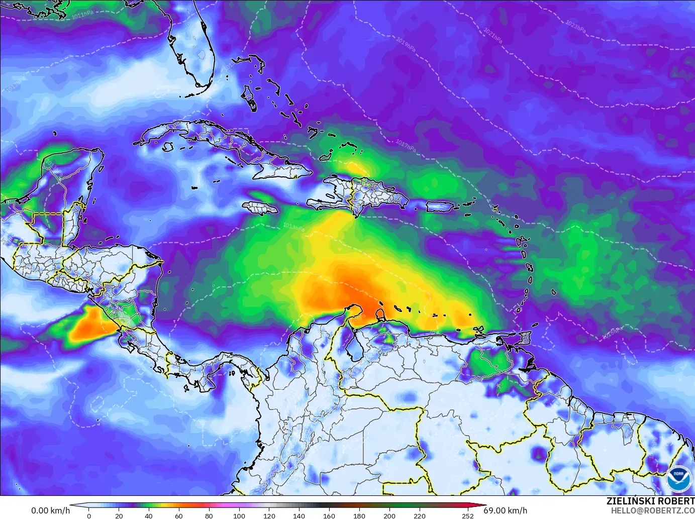 GFS modelo - Caribe, Ráfagas de Viento Máximas