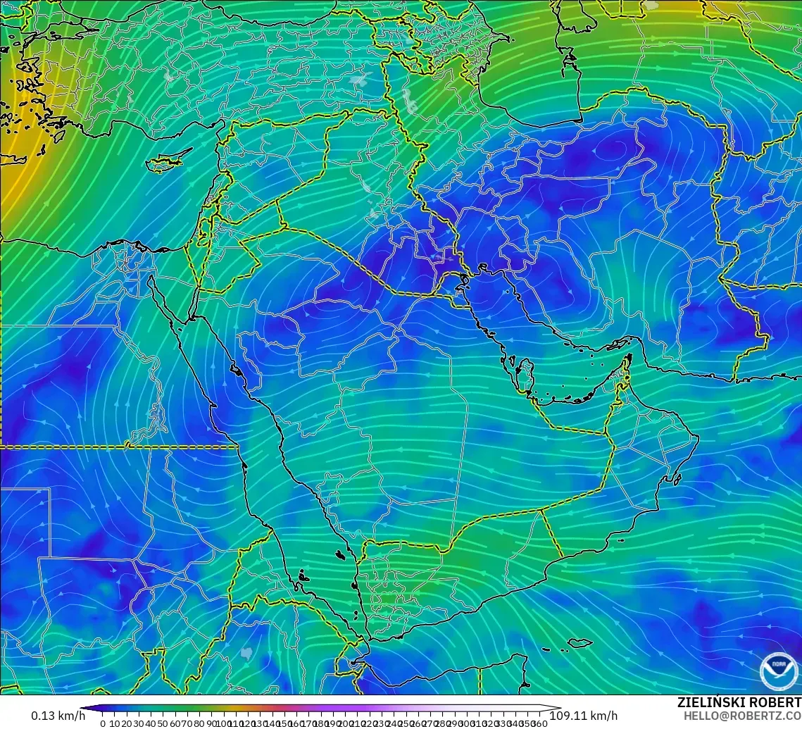 GFS modelo - Oriente Medio, Viento a 300 hPa (corriente en chorro)