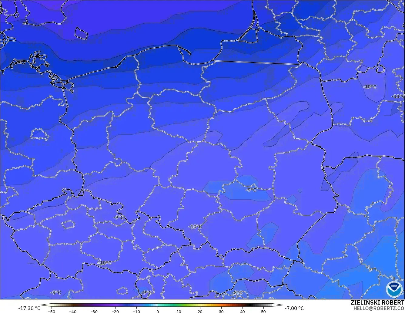 GFS modelo - Polonia, Temperatura a 500 hPa