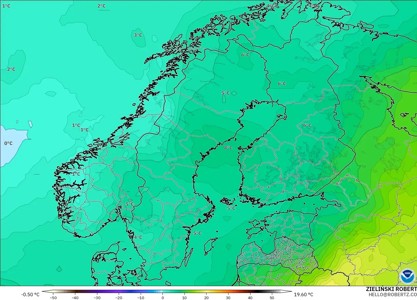 GFS modelo - Escandinavia, Temperatura a 850 hPa