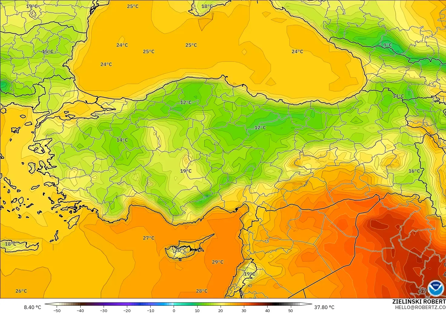 GFS modelo - Turquía, Temperatura a 2 m