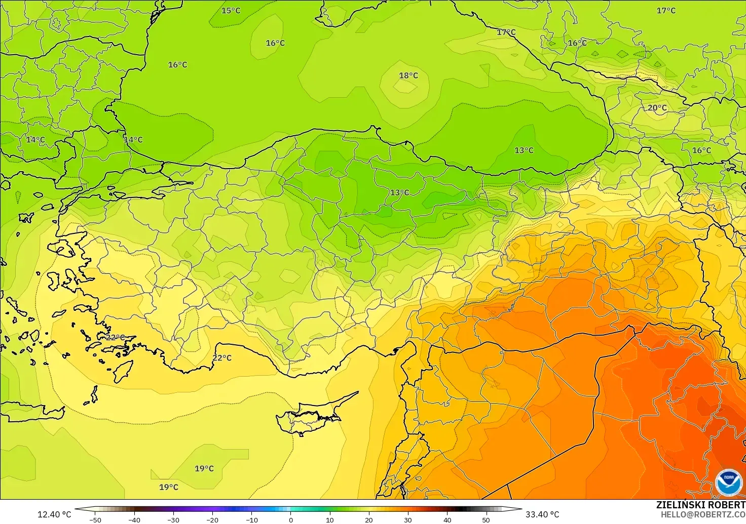GFS modelo - Turquía, Temperatura a 850 hPa
