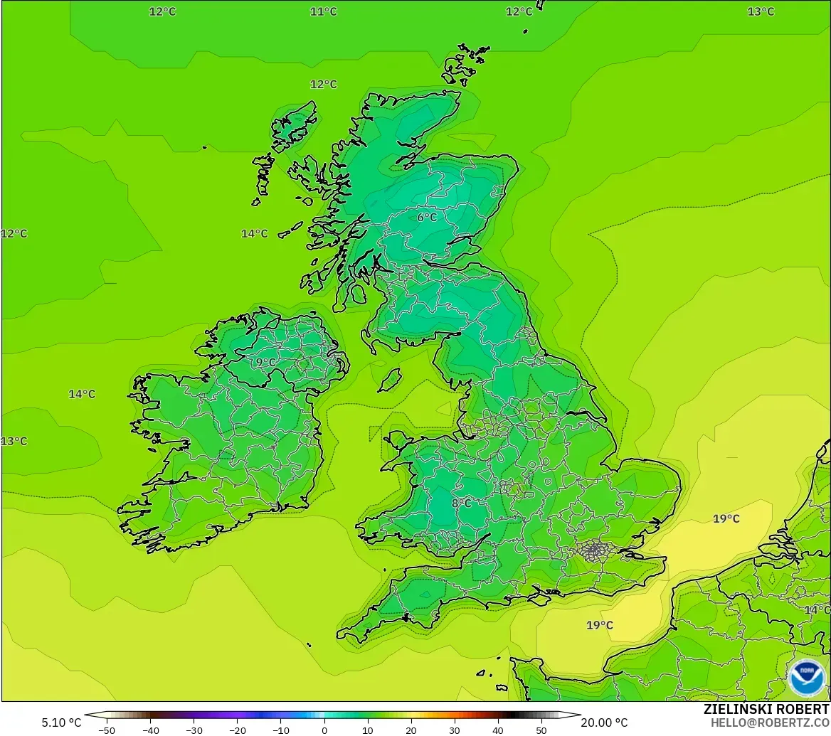 GFS modelo - Reino Unido, Temperatura a 2 m
