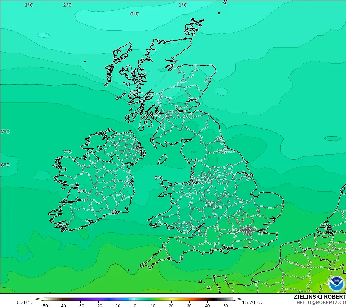 GFS modelo - Reino Unido, Temperatura a 850 hPa