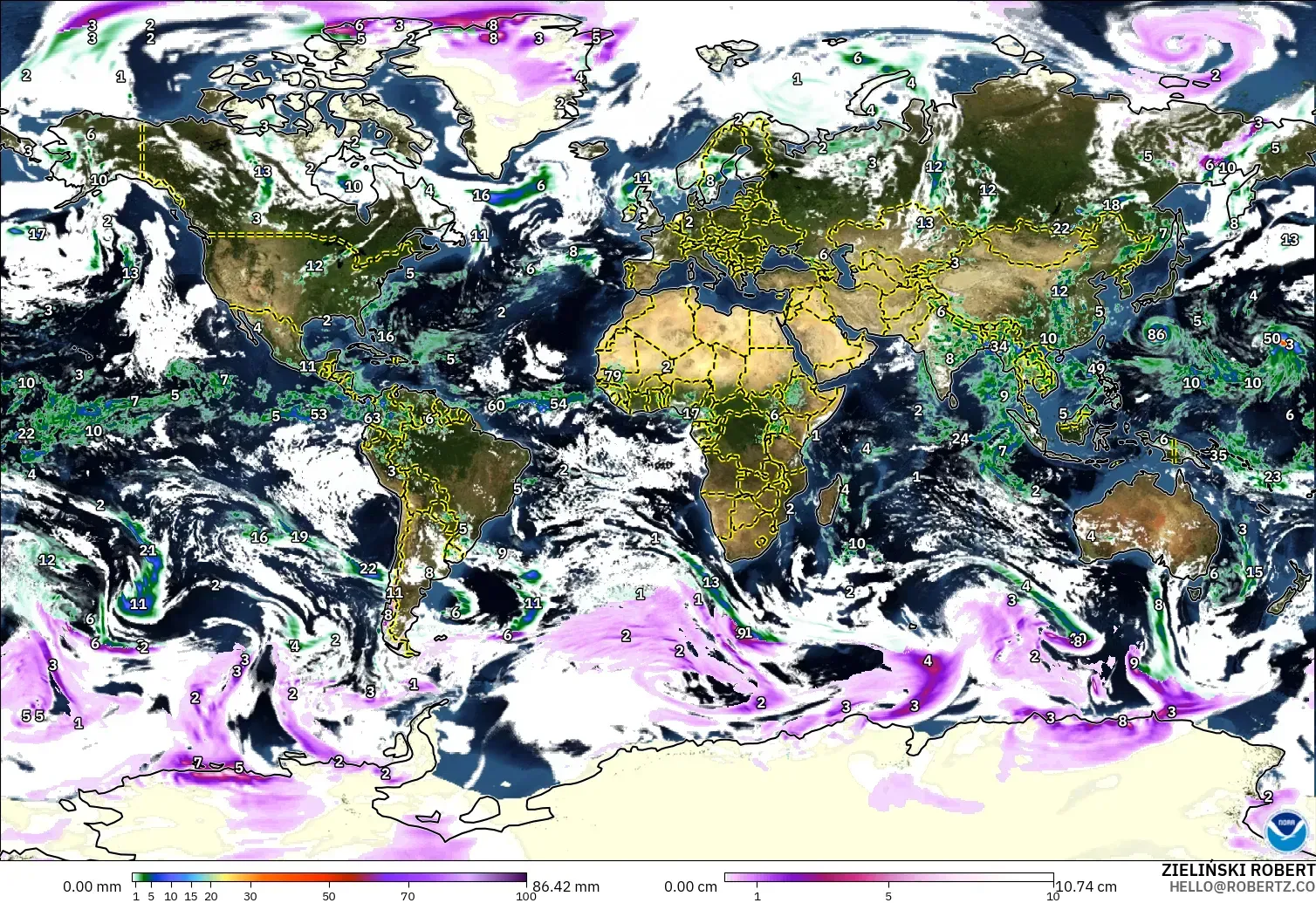 GFS modelo - Mundo, Precipitación, nubes y presión