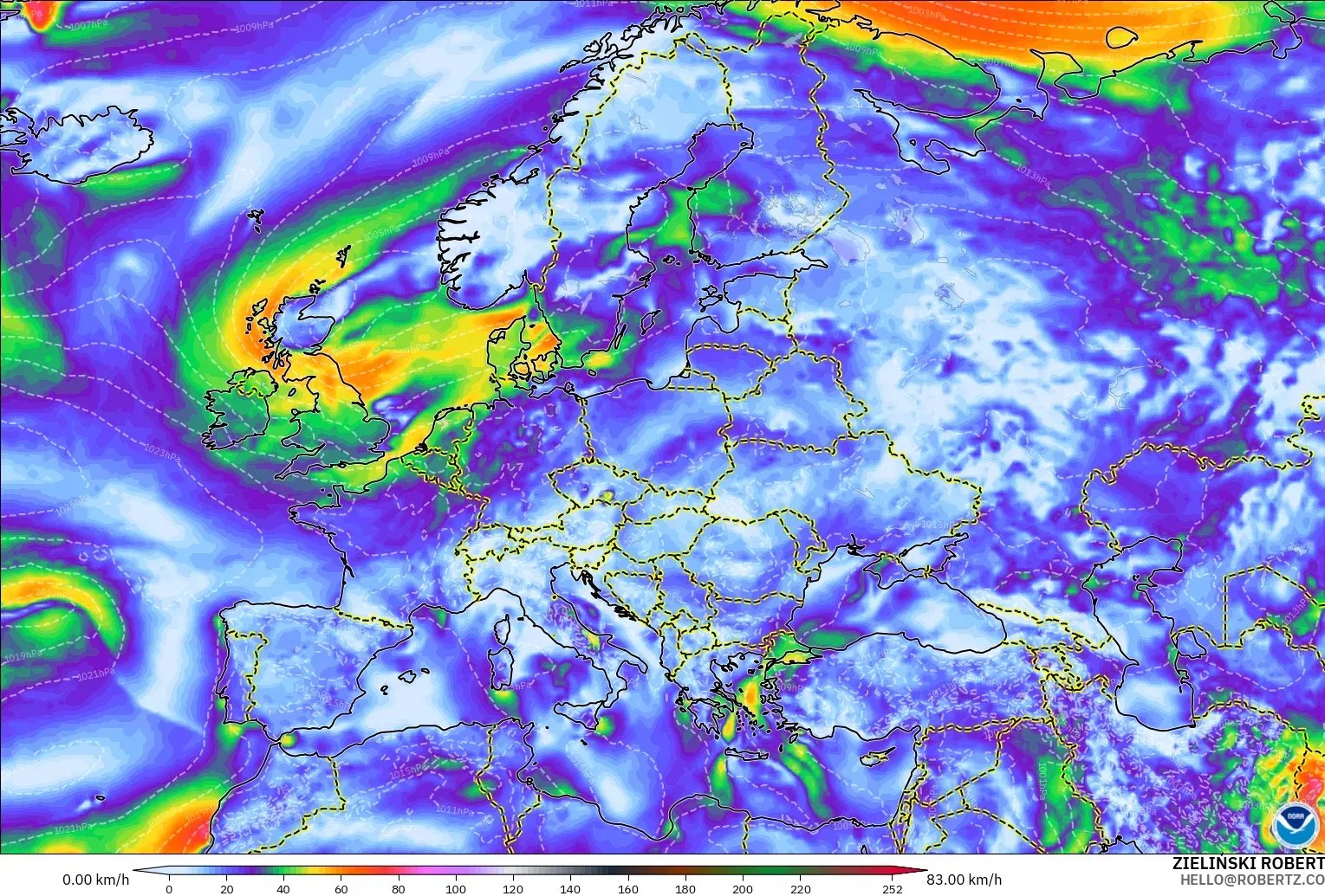GFS modelo - Europa, Ráfagas de viento