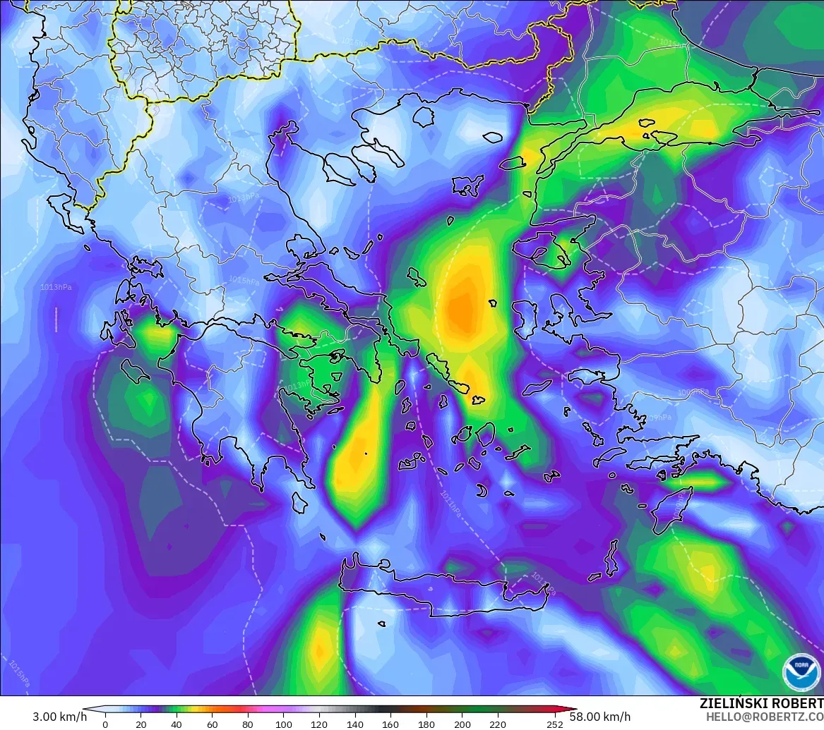 GFS modelo - Grecia, Ráfagas de viento