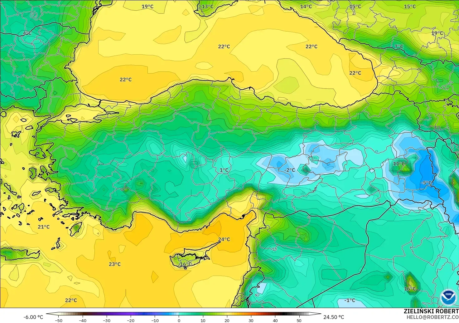 GFS modelo - Turquía, Punto de rocío a 2 m
