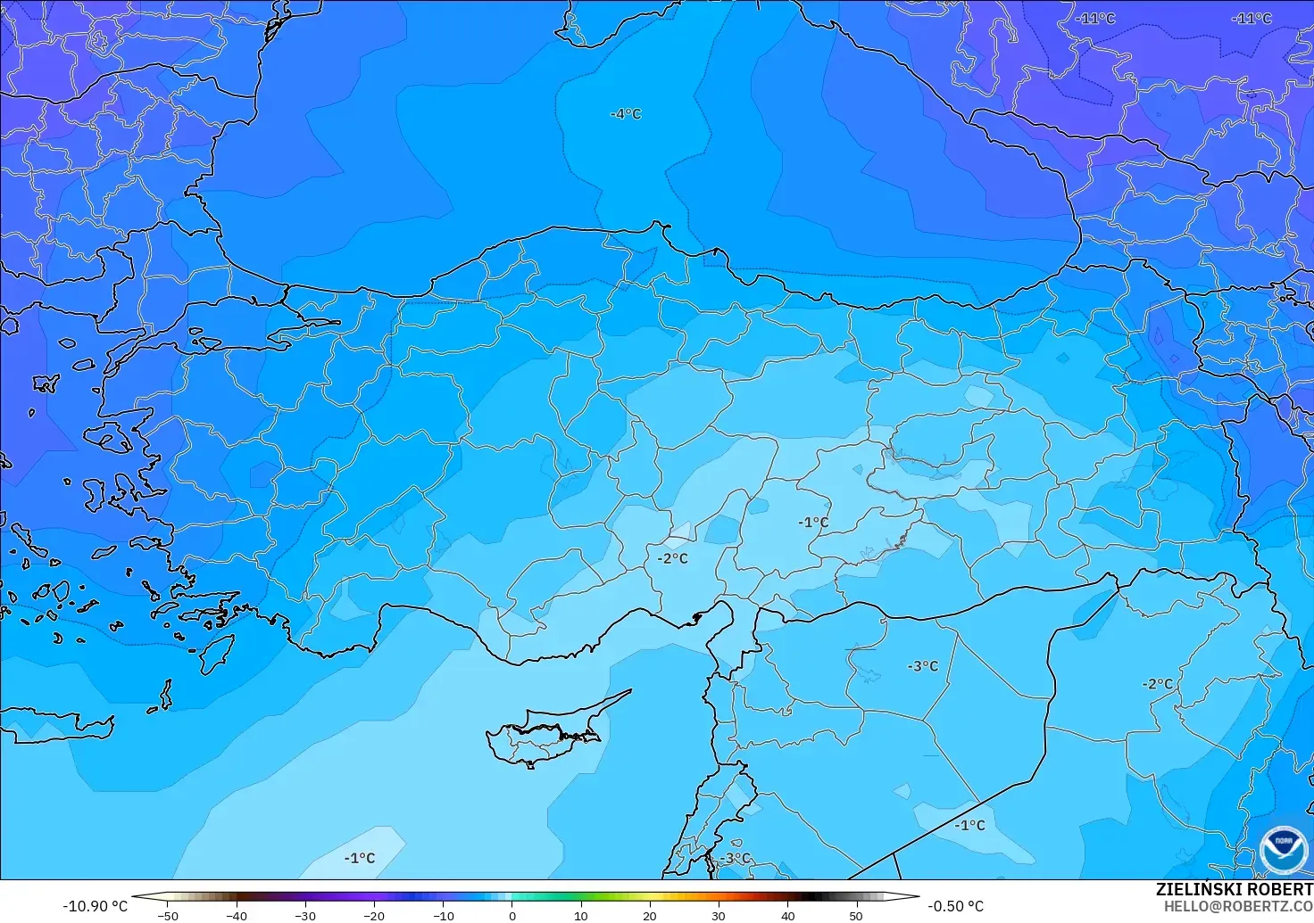 GFS modelo - Turquía, Temperatura a 500 hPa