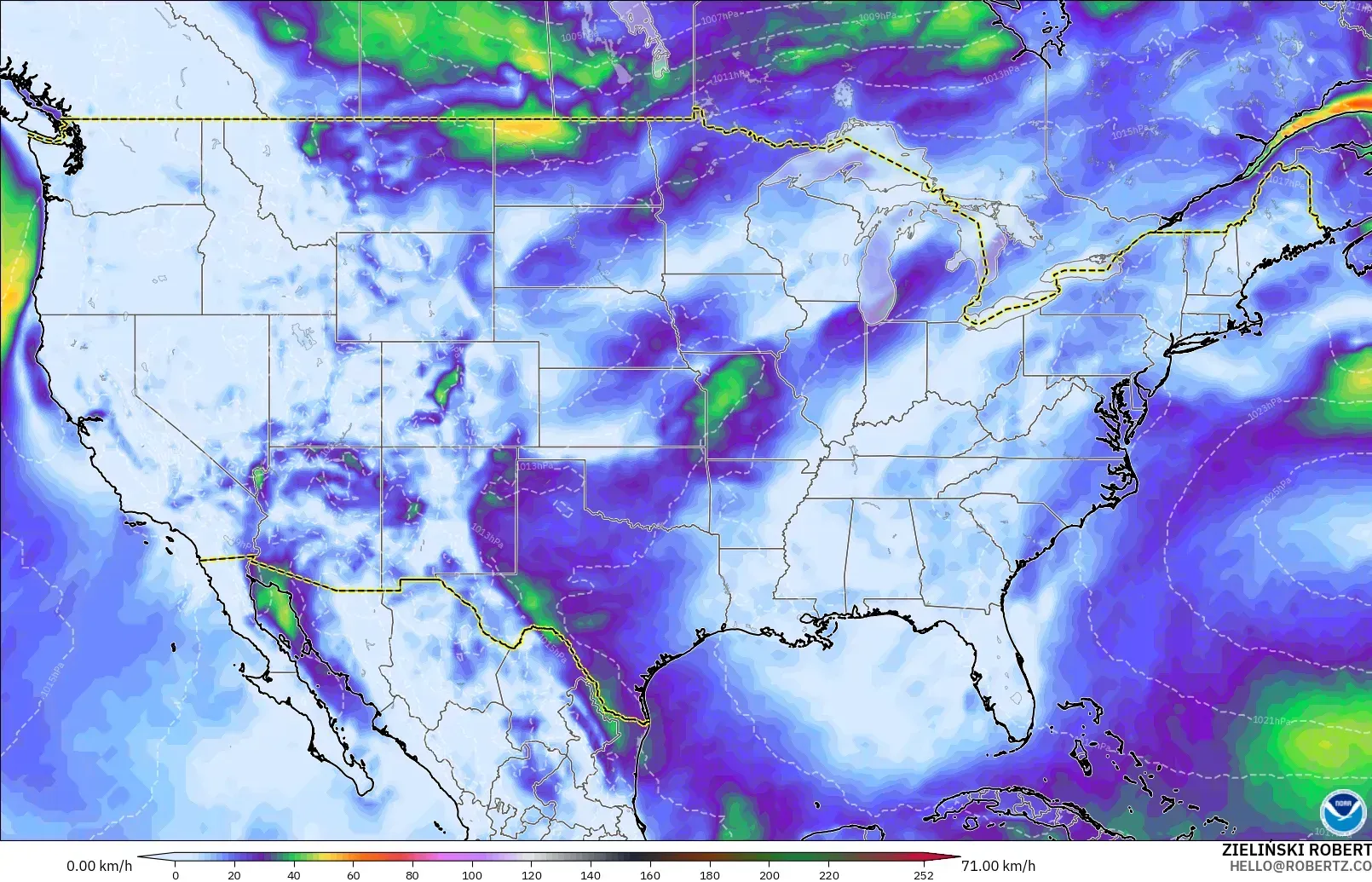 GFS modelo - Estados Unidos, Ráfagas de viento