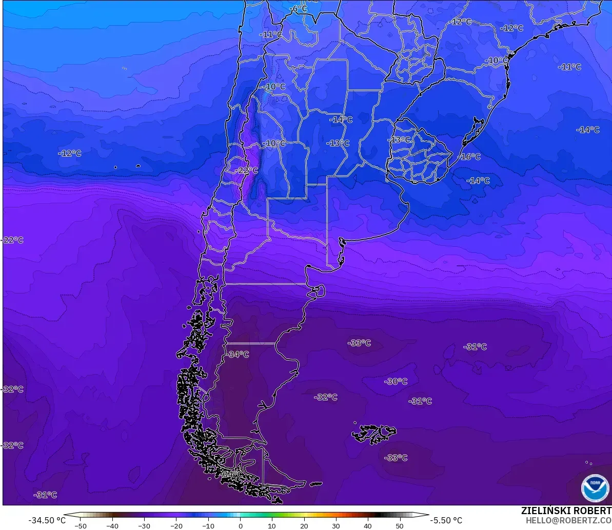 GFS modelo - Argentina, Temperatura a 500 hPa