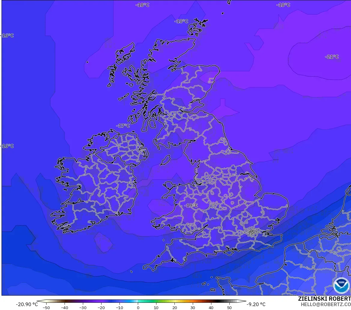 GFS modelo - Reino Unido, Temperatura a 500 hPa