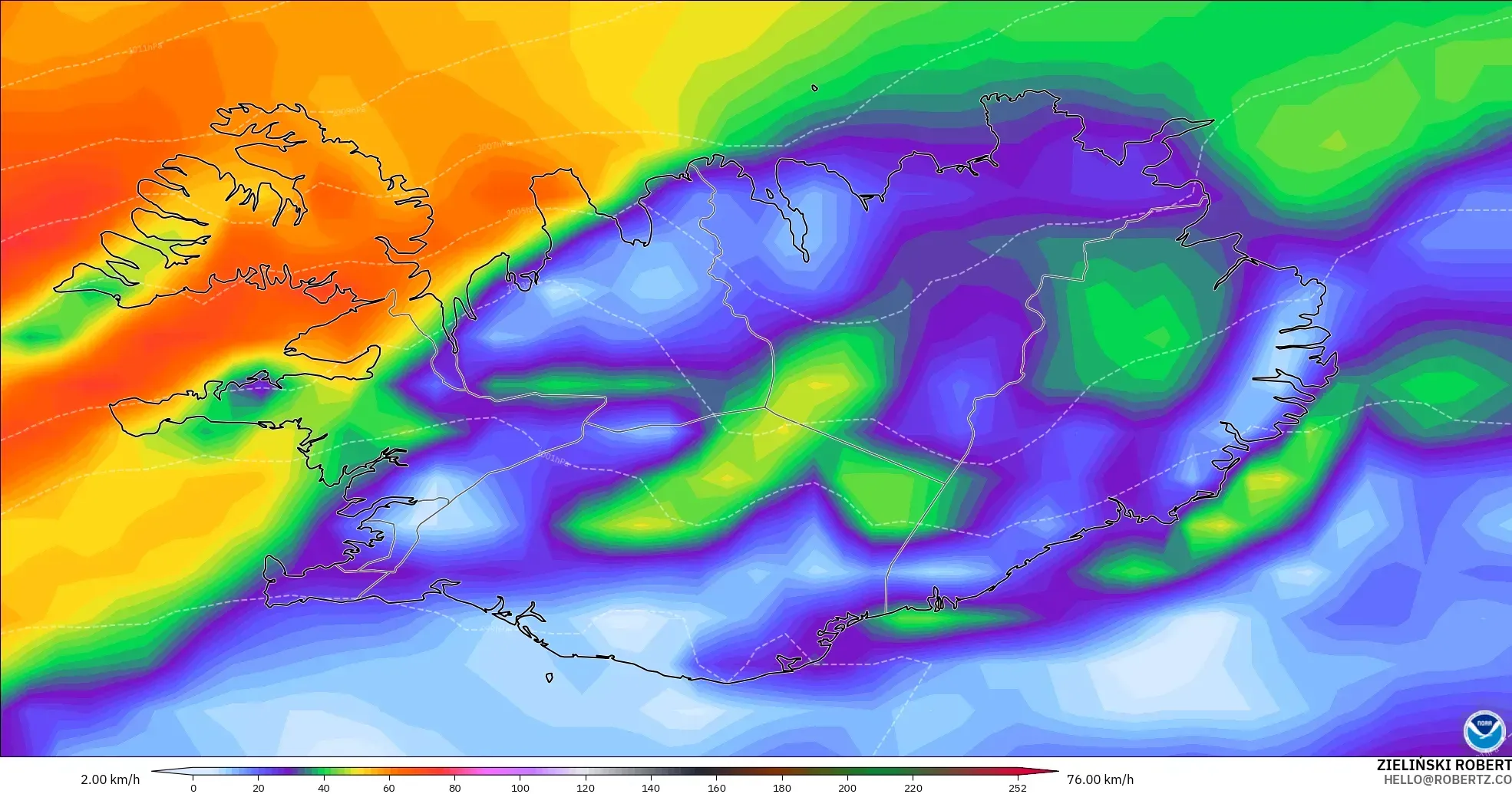 GFS modelo - Islandia, Ráfagas de viento