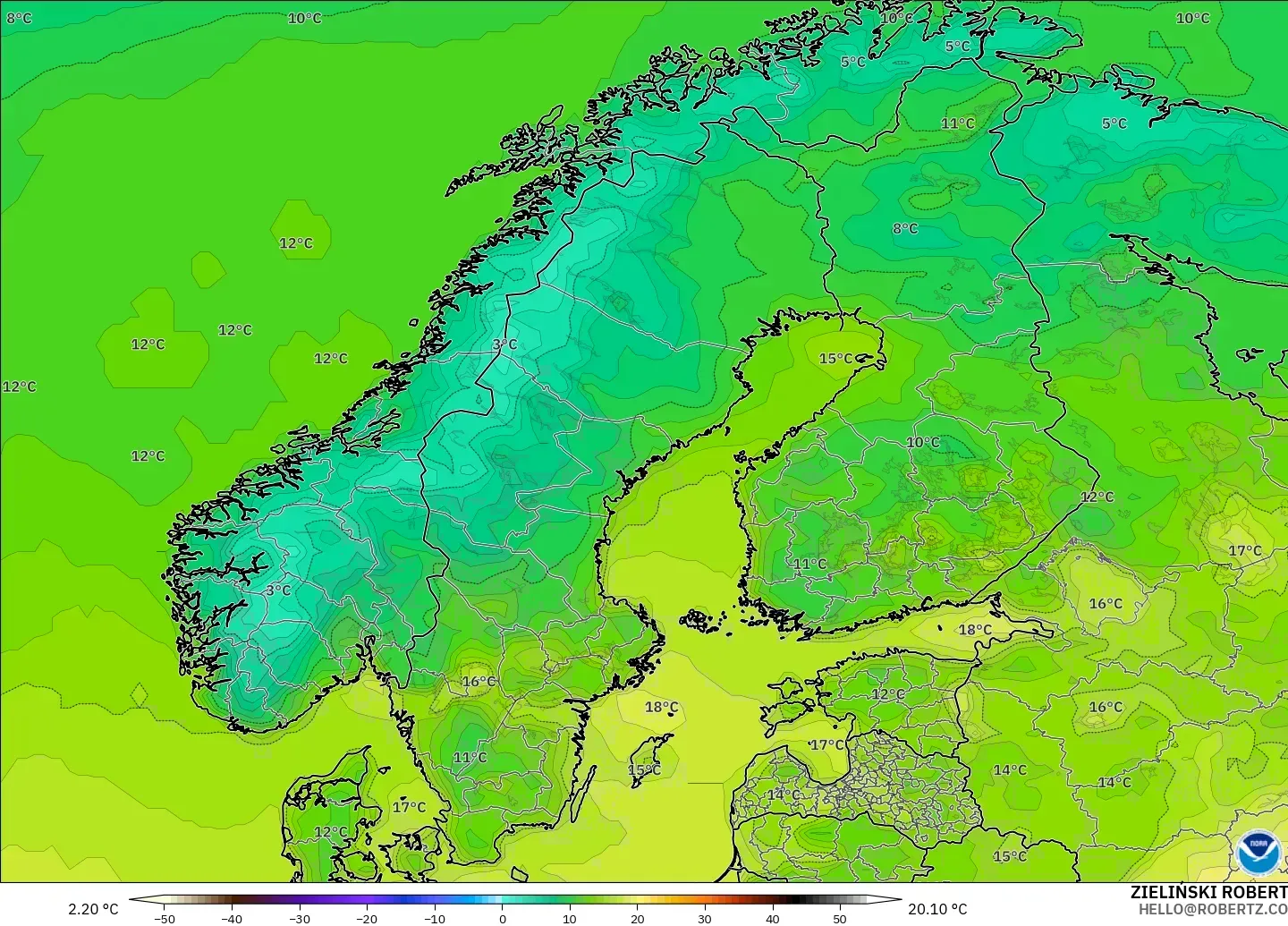 GFS modelo - Escandinavia, Temperatura a 2 m