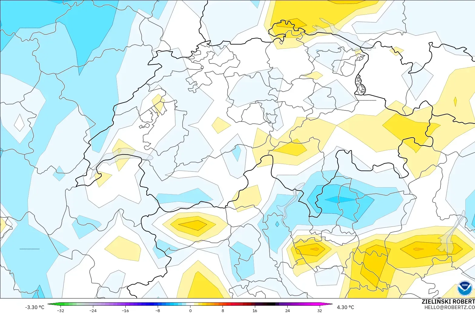 GFS modelo - Suiza, Anomalía de temperatura a 2 m