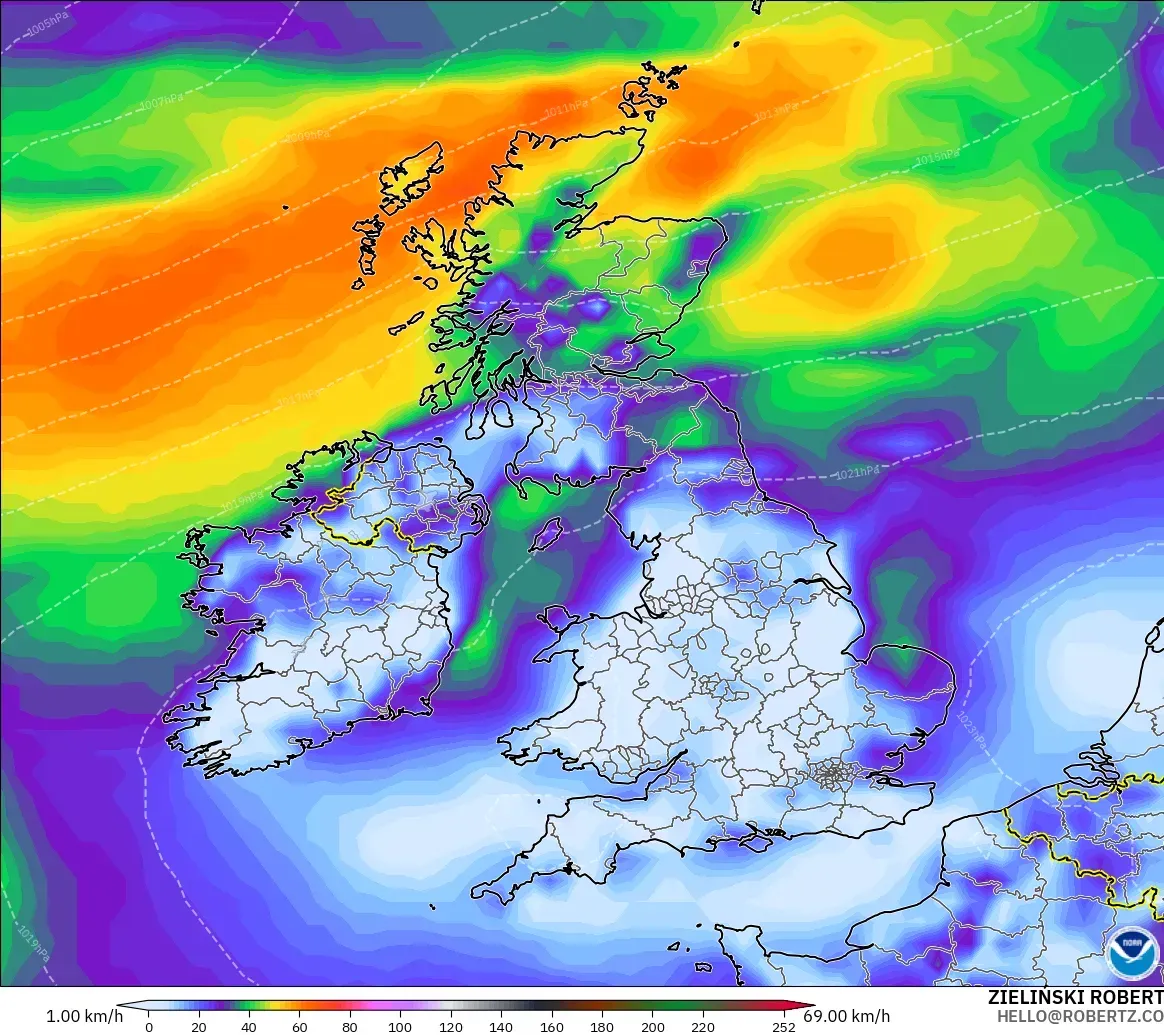GFS modelo - Reino Unido, Ráfagas de viento