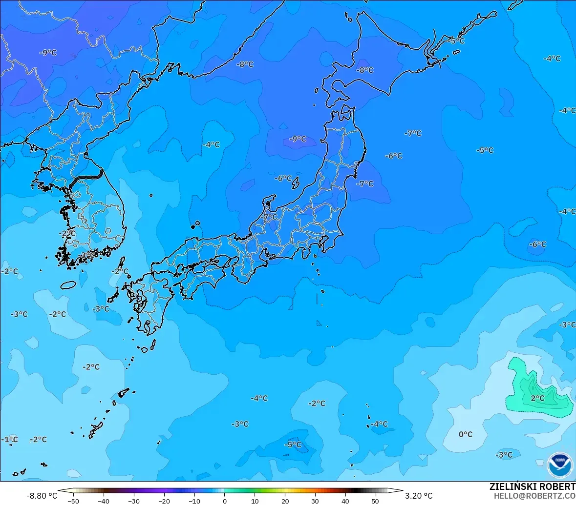 GFS modelo - Japón, Temperatura a 500 hPa